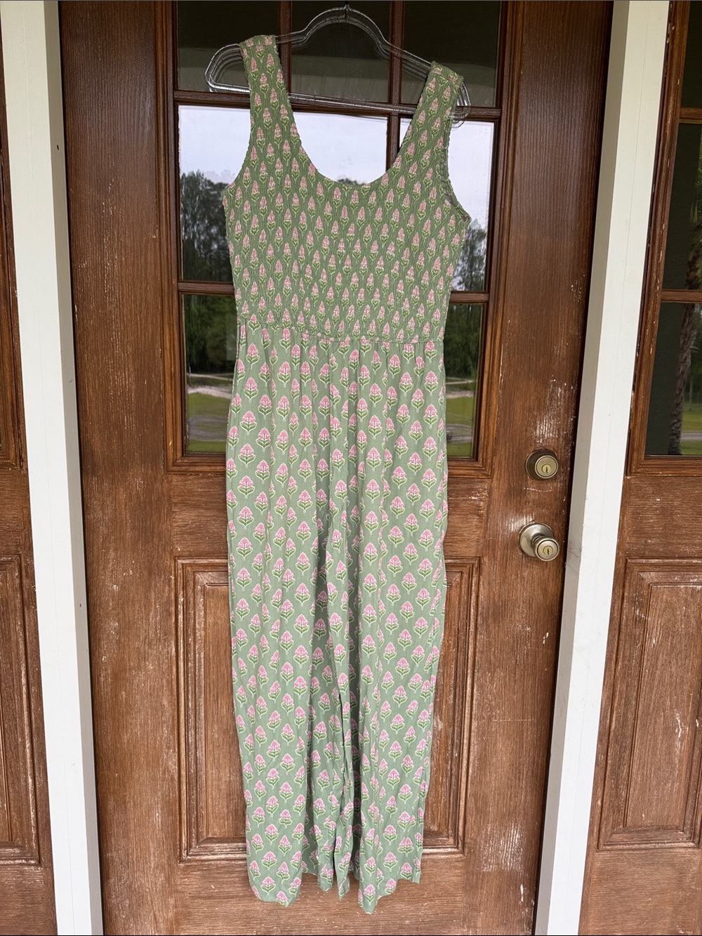 Japna Green Floral Sleeveless Smocked Jumpsuit